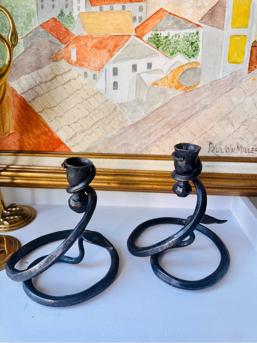 Vintage Brutalist Rustic Gothic hand forged Iron Taper Candle holder -pair 2